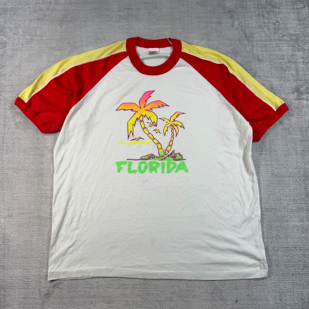 Vintage Florida Shirt Mens Large White Raglan Ringer Destination 80s Neon Thin